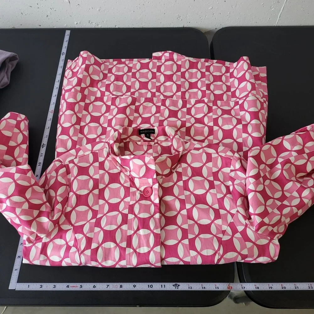 Madison Womens Pink Geometric Print Button Down Trench Coat Jacket‎ Size Small